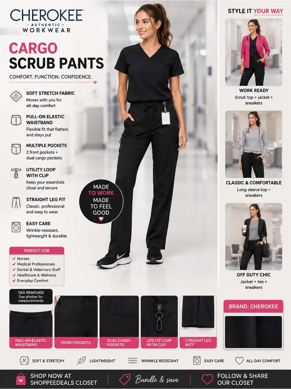Cherokee Black Cargo Scrub Pants | Straight Leg | Utility Medical Workwear